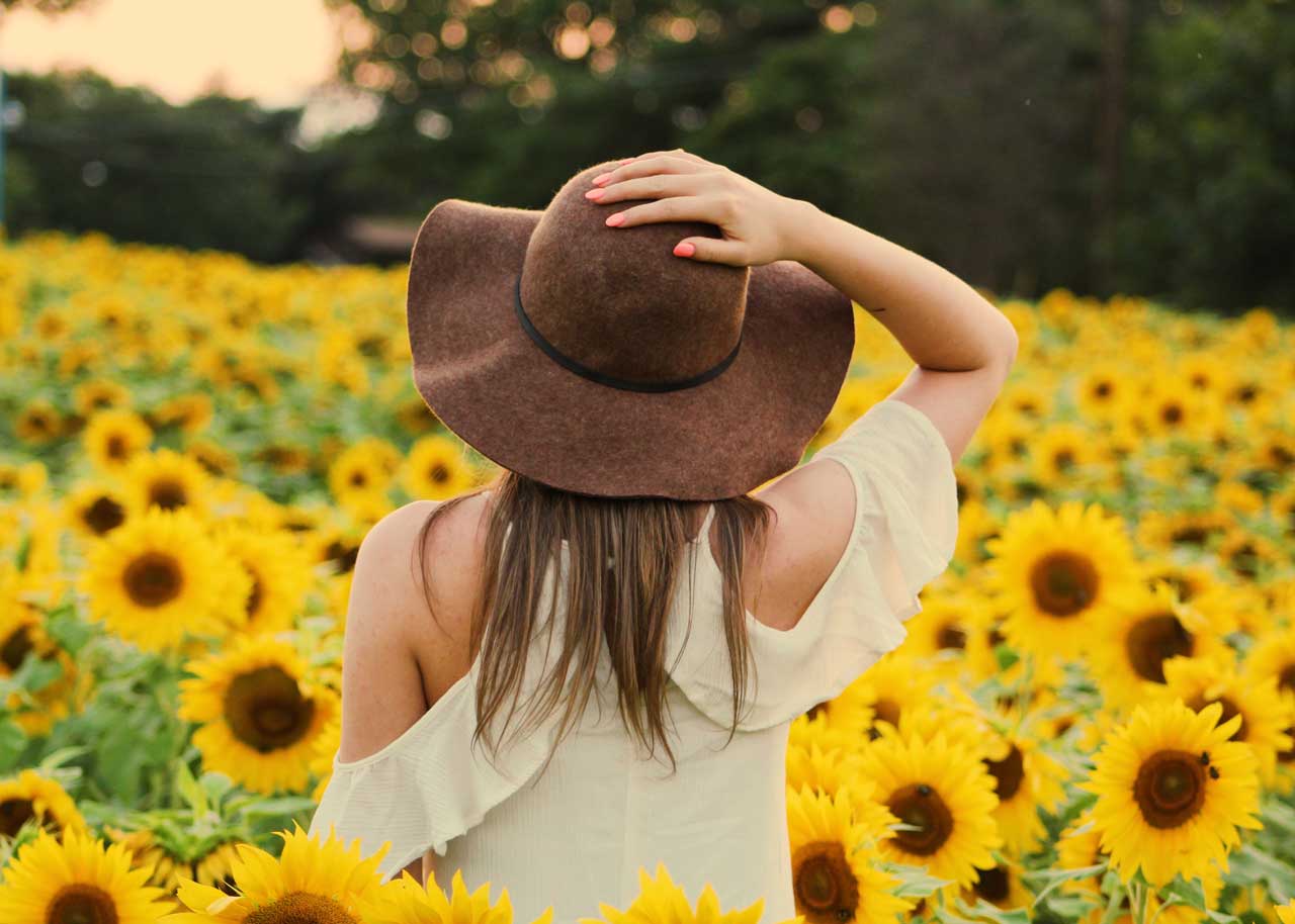 Femme au chapeau dans un champs de tournesols