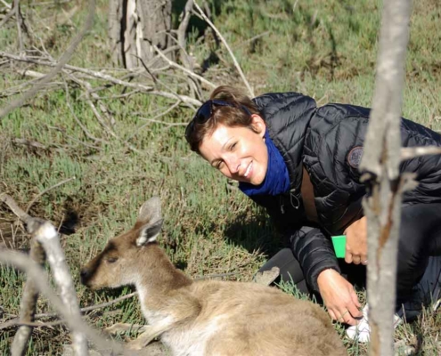 Laetitia Blondel auprès d'un kangourou, en Australie
